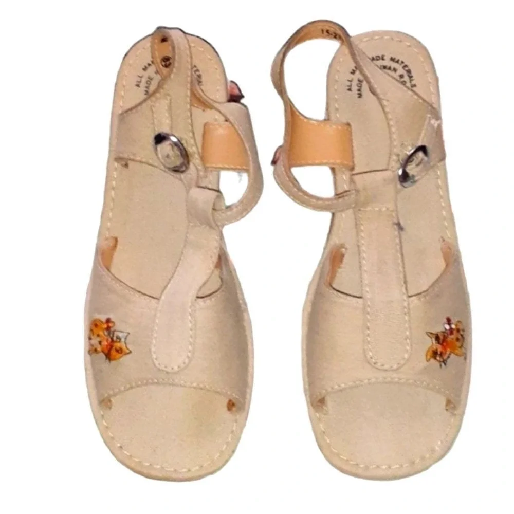 70s Vintage Kids Tan Wedge Sandals with Cute Cat Embroidery Espadrille‎ rainbow